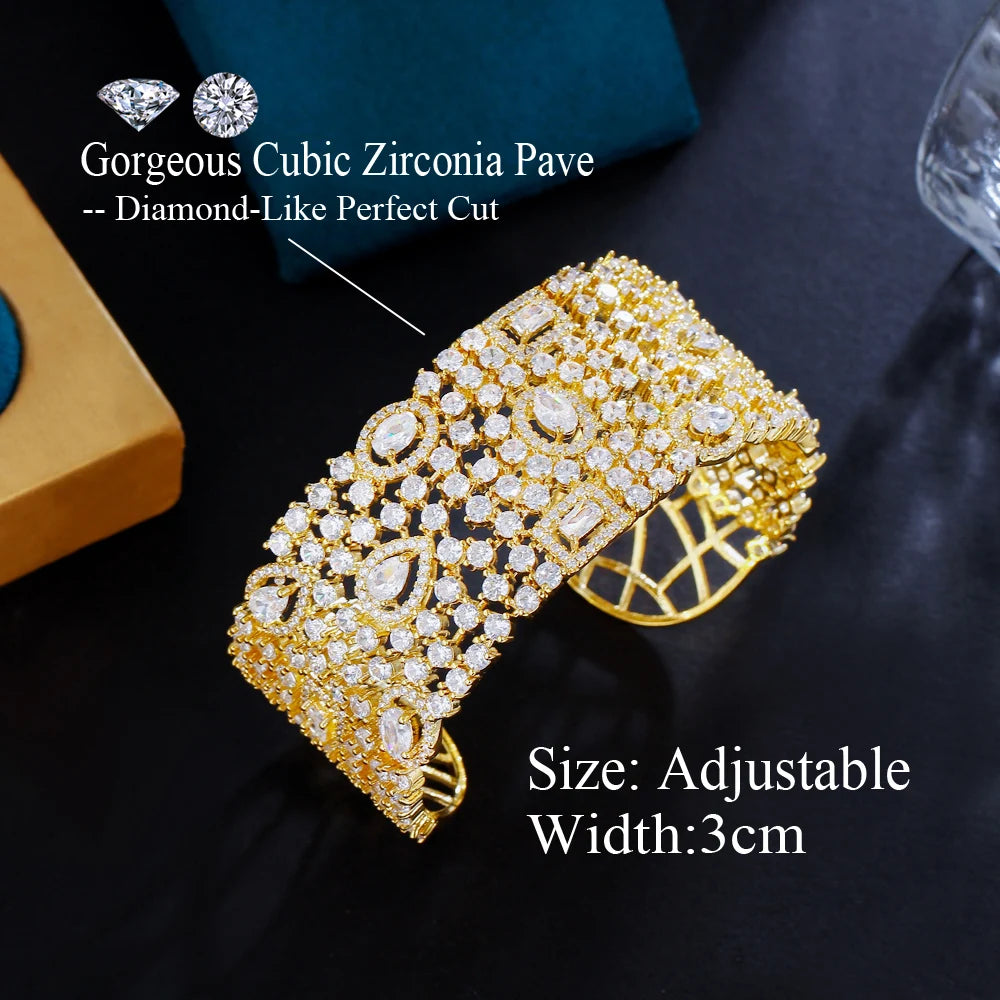 CWWZircons Luxury Statement Chunky Cubic Zirconia Pave Wide Big Bridal Wedding Cuff Bangles for Women Dubai Gold Color BG067