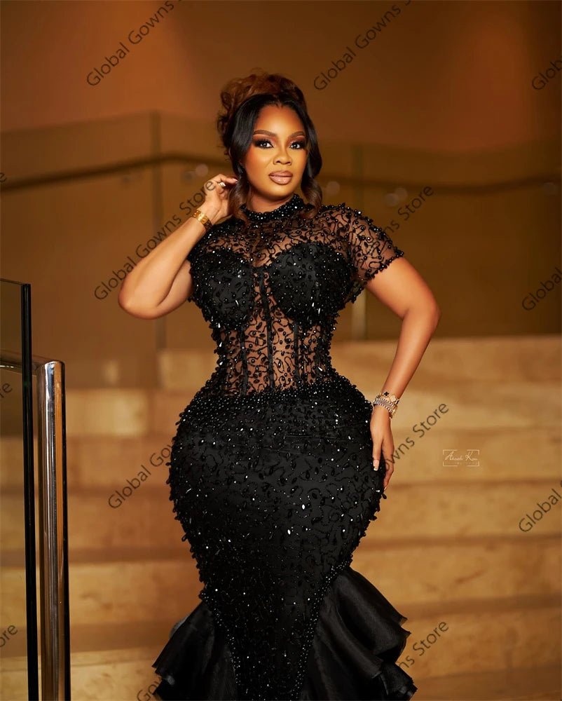 Sparkly Black Ruffles Evening Dresses Bead Crystal Birthday Luxury Dress O Neck Mermaid Party Gown