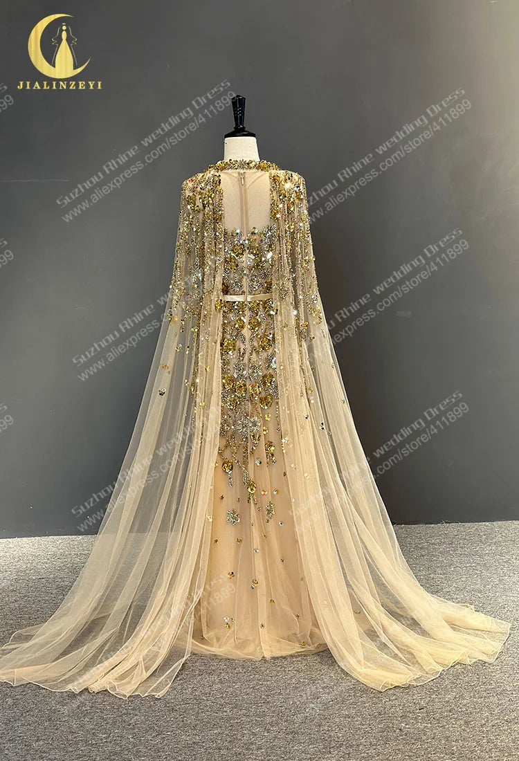 Gold Cape Sequins Crystal Mermaid vestidos de noche abendkleider evening dresses