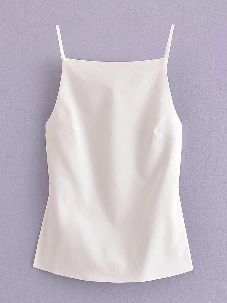 Women Fashion Solid Lace Up Backless Camisole Vintage Thin Straps Square Collar Female Chic Lady Tops
