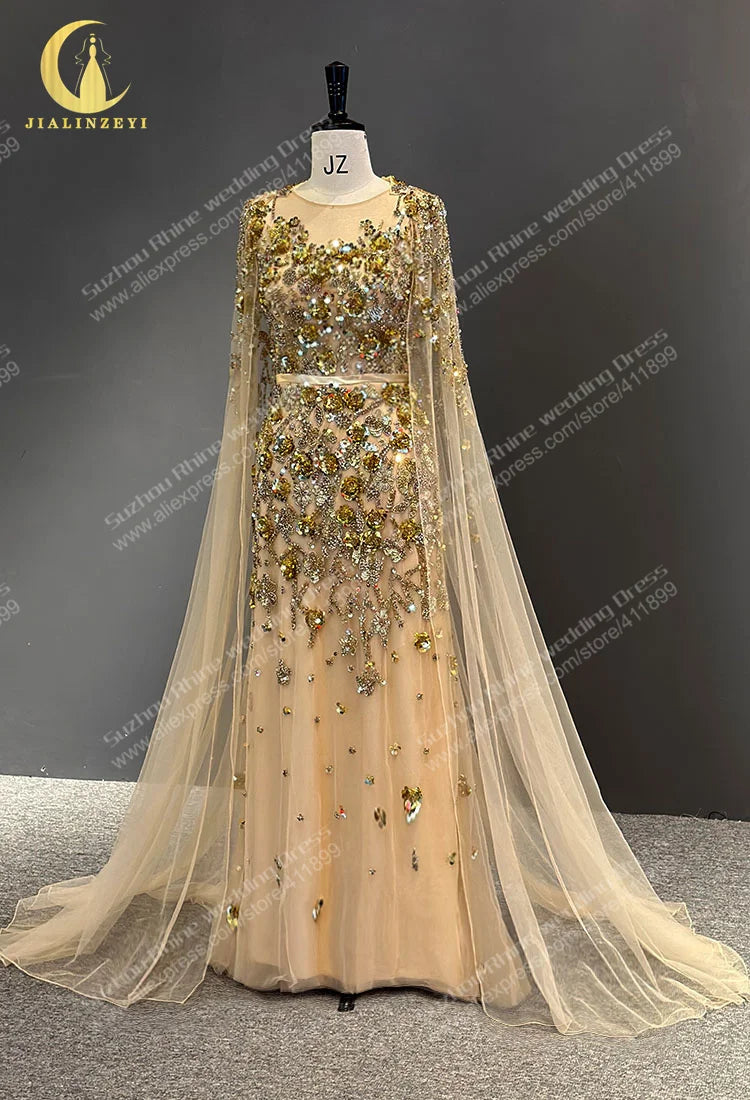Gold Cape Sequins Crystal Mermaid vestidos de noche abendkleider evening dresses
