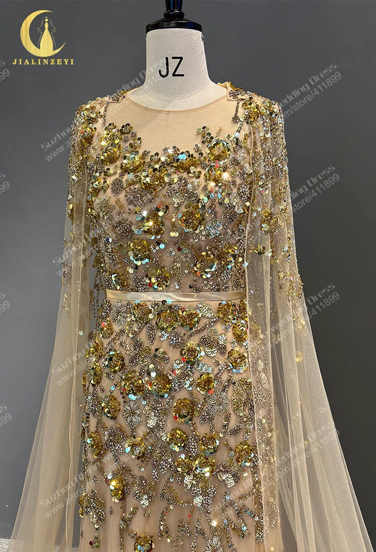 Gold Cape Sequins Crystal Mermaid vestidos de noche abendkleider evening dresses