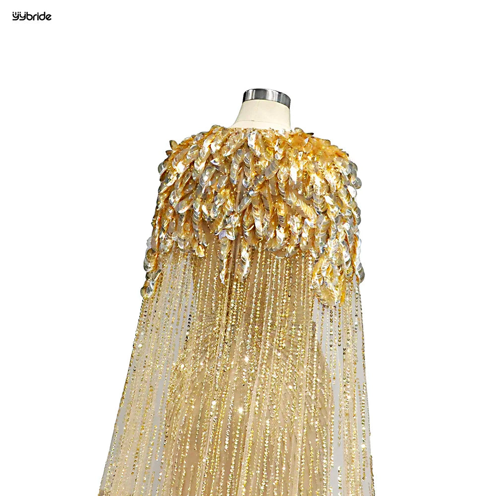 Luxury Gold Color Sequins Full Beading Work Crystals V-Neck Mermaid Skirt Long Cape Customize availables