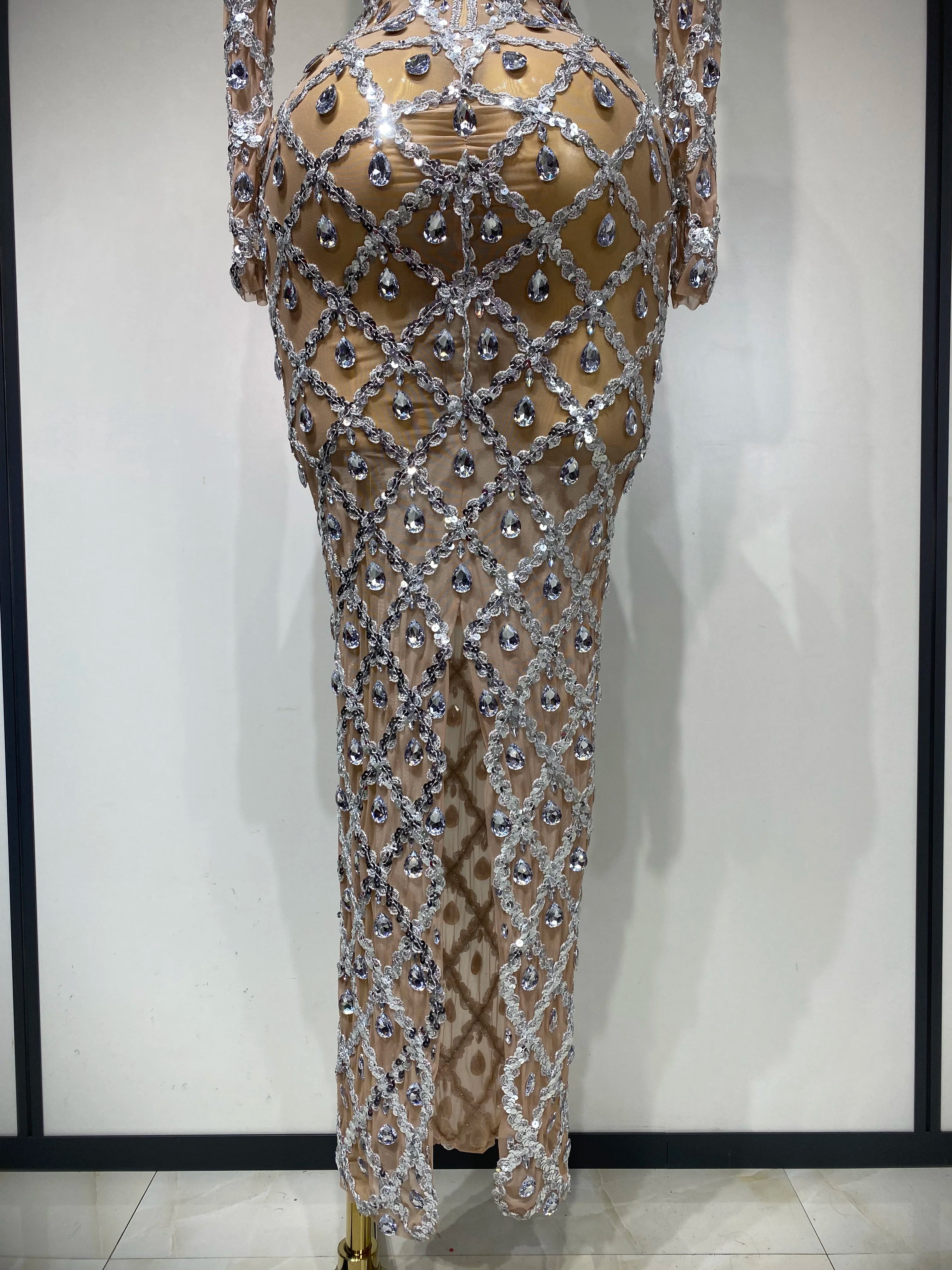 Women Sexy Luxury Birthday Dress Stage Shining Rhinestone Sequin Long Dress Evening Prom Gown Transparent Singer Club Host Dress