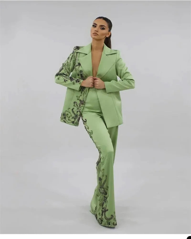 Designer Green Satin Women Suits Set Luxury Bead Applique Formal Wedding Evening Prom Dress 2 Pieces Blazer+Pants Customized