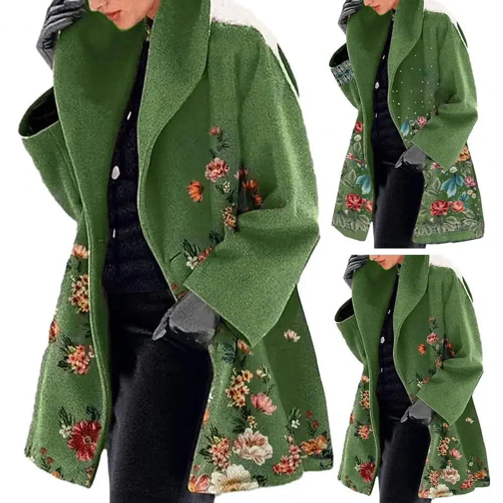 Autumn Winter Elegant Flower Print Women's  Overcoat with Turn-down Collar  Mid Length Loose Thick Warm  Women's Long Coa