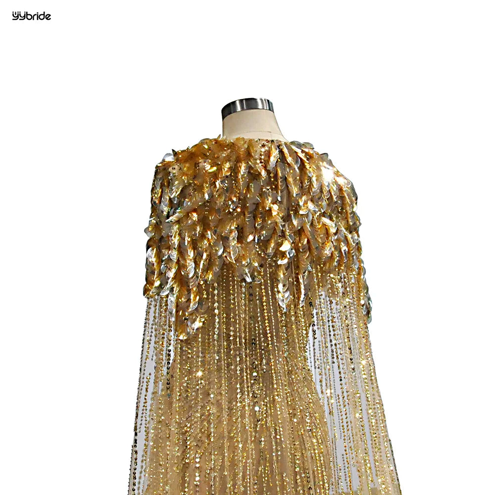 Luxury Gold Color Sequins Full Beading Work Crystals V-Neck Mermaid Skirt Long Cape Customize availables