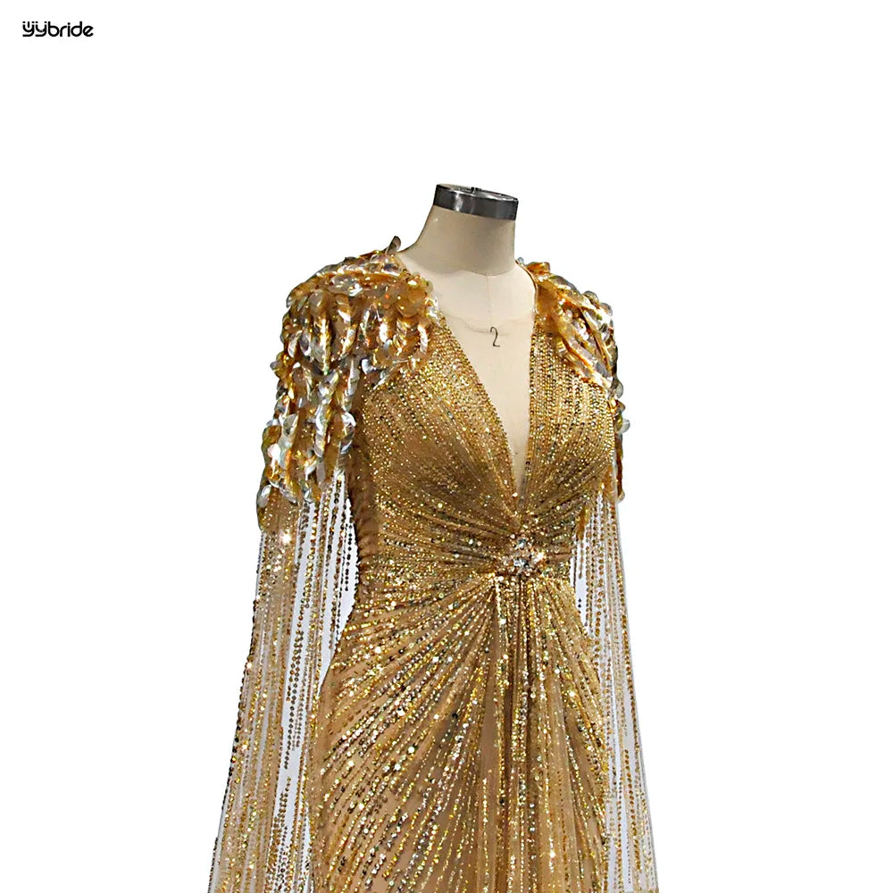 Luxury Gold Color Sequins Full Beading Work Crystals V-Neck Mermaid Skirt Long Cape Customize availables