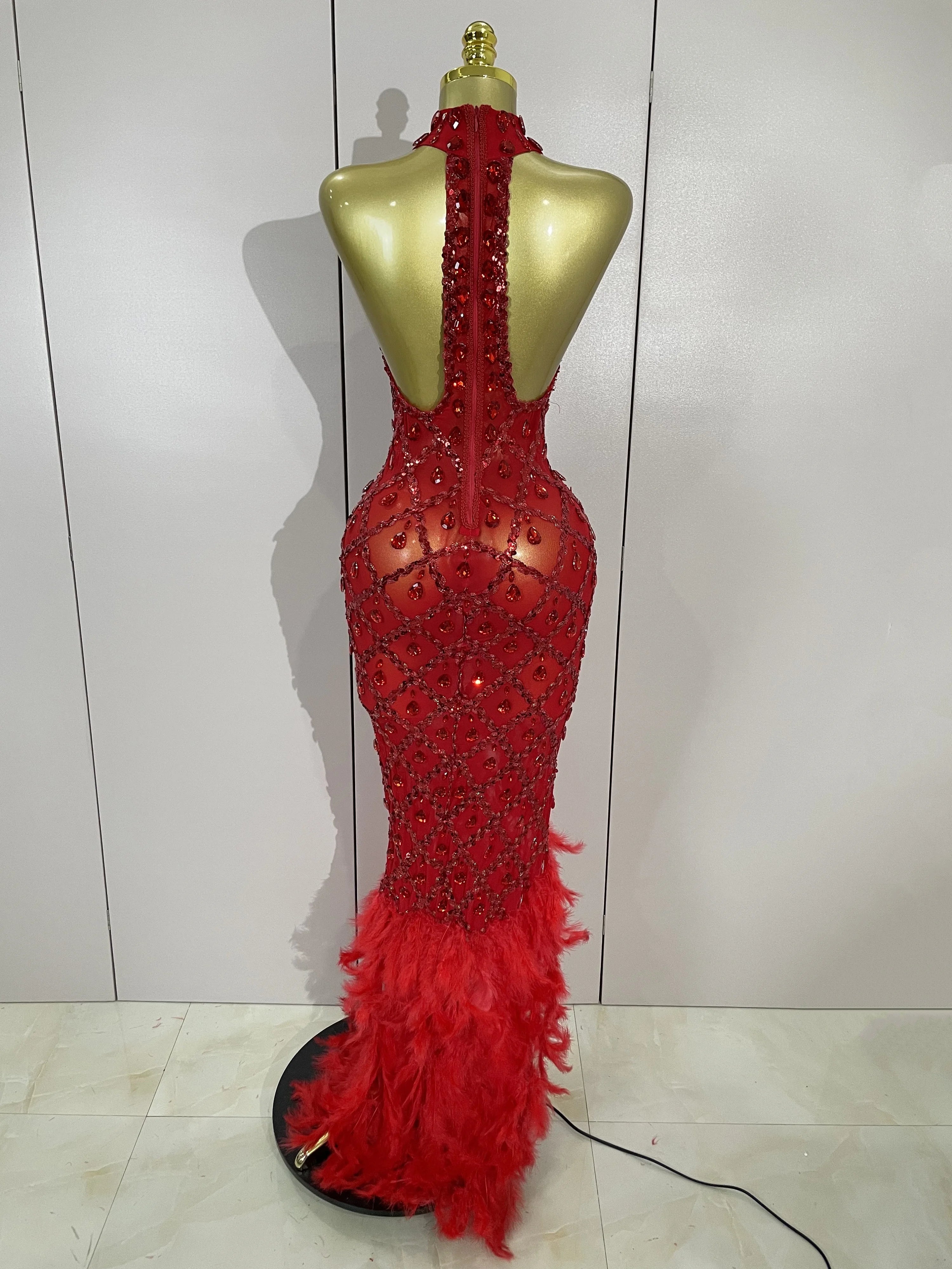 Luxury Shining Gold Rhinestones Feather Sexy Mesh Long Dress Women Birthday Evening Red Carpet Fashion Show Gown Stage Costume
